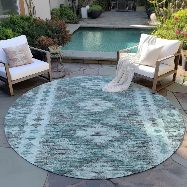 8' Teal Blue Round Geometric Washable Indoor Outdoor Area Rug