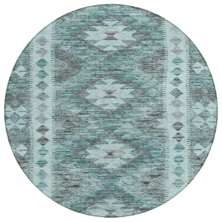8' Teal Blue Round Geometric Washable Indoor Outdoor Area Rug