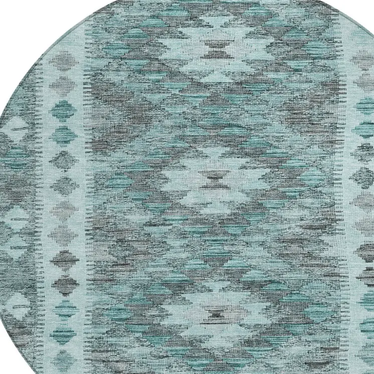 8' Teal Blue Round Geometric Washable Indoor Outdoor Area Rug
