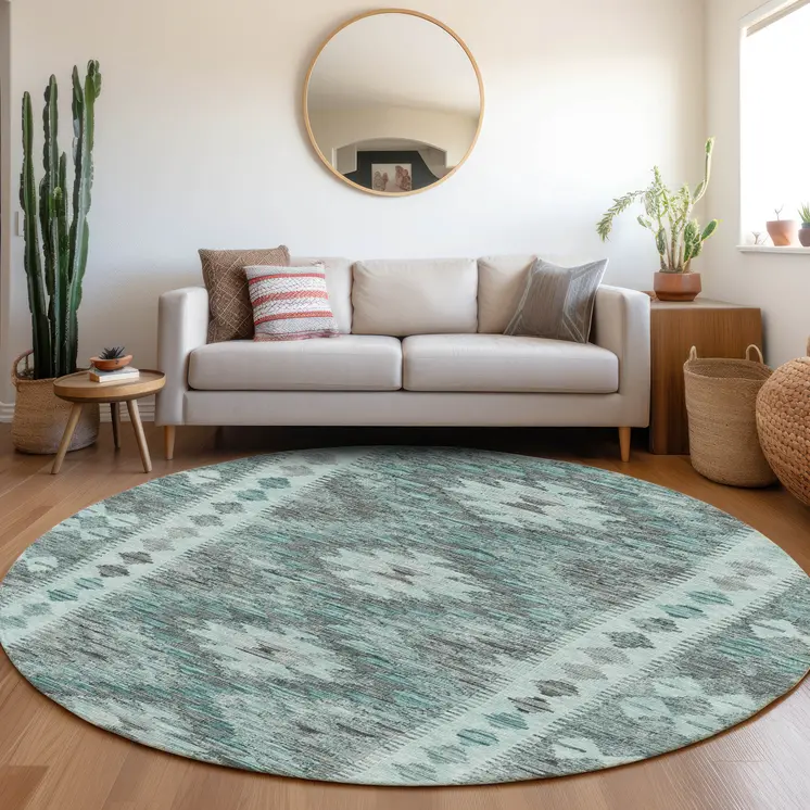 8' Teal Blue Round Geometric Washable Indoor Outdoor Area Rug