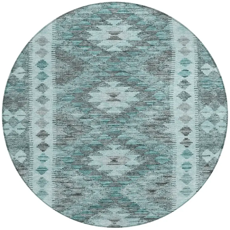8' Teal Blue Round Geometric Washable Indoor Outdoor Area Rug