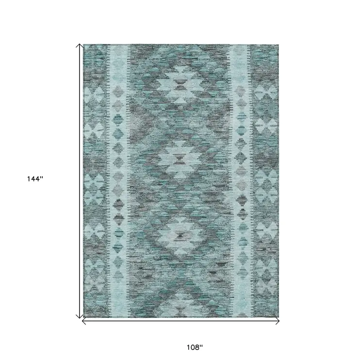 9' X 12' Teal Blue Geometric Washable Indoor Outdoor Area Rug