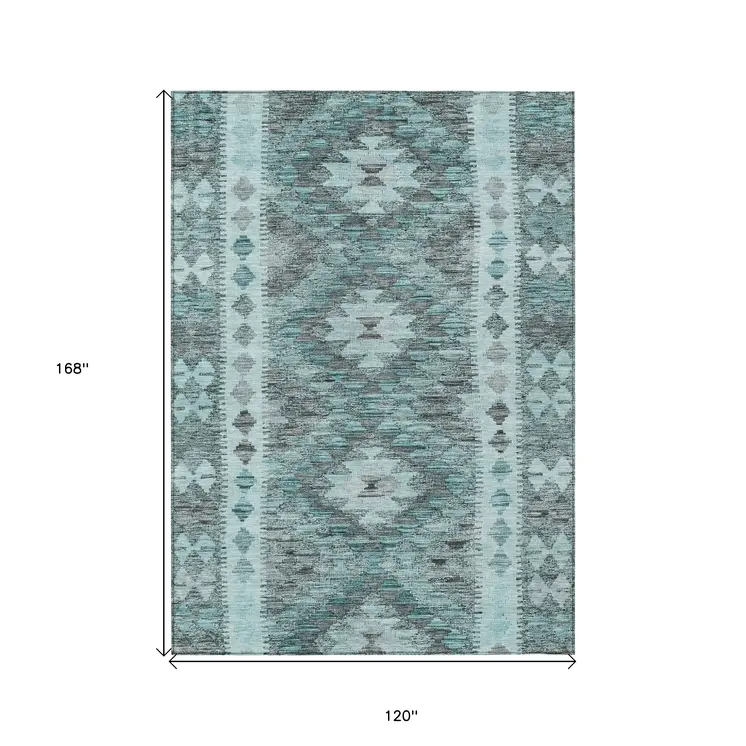 10' X 14' Teal Blue Geometric Washable Indoor Outdoor Area Rug