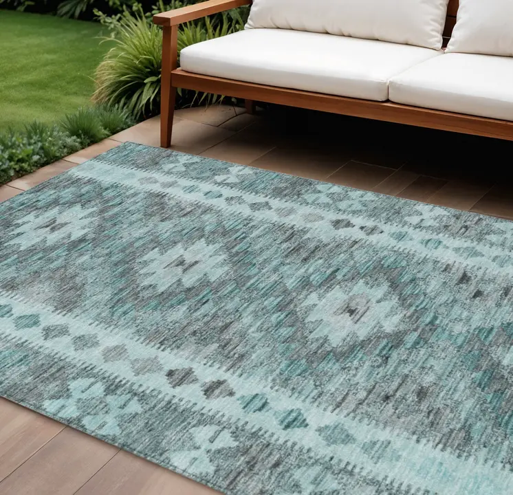 10' X 14' Teal Blue Geometric Washable Indoor Outdoor Area Rug