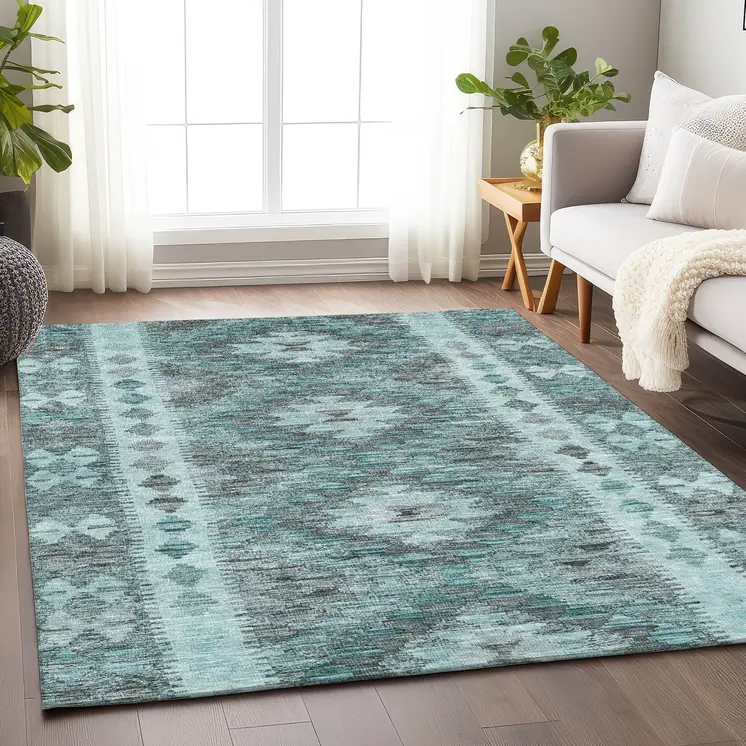 10' X 14' Teal Blue Geometric Washable Indoor Outdoor Area Rug