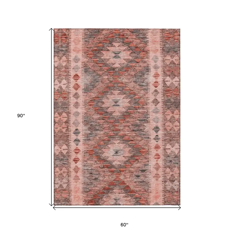 5' X 8' Terra Cotta Geometric Washable Indoor Outdoor Area Rug