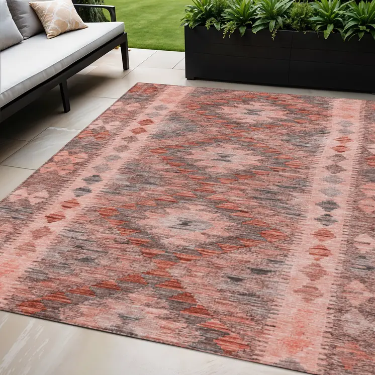 5' X 8' Terra Cotta Geometric Washable Indoor Outdoor Area Rug