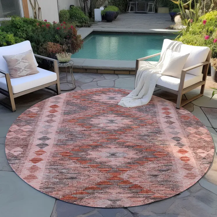 8' Terra Cotta Round Geometric Washable Indoor Outdoor Area Rug