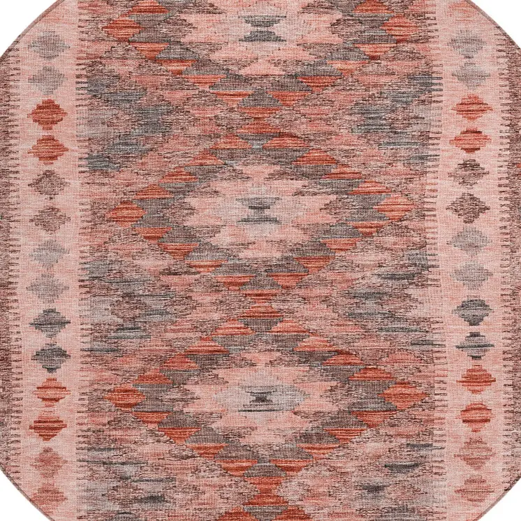 8' Terra Cotta Round Geometric Washable Indoor Outdoor Area Rug