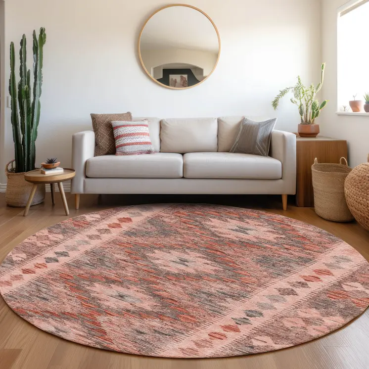 8' Terra Cotta Round Geometric Washable Indoor Outdoor Area Rug