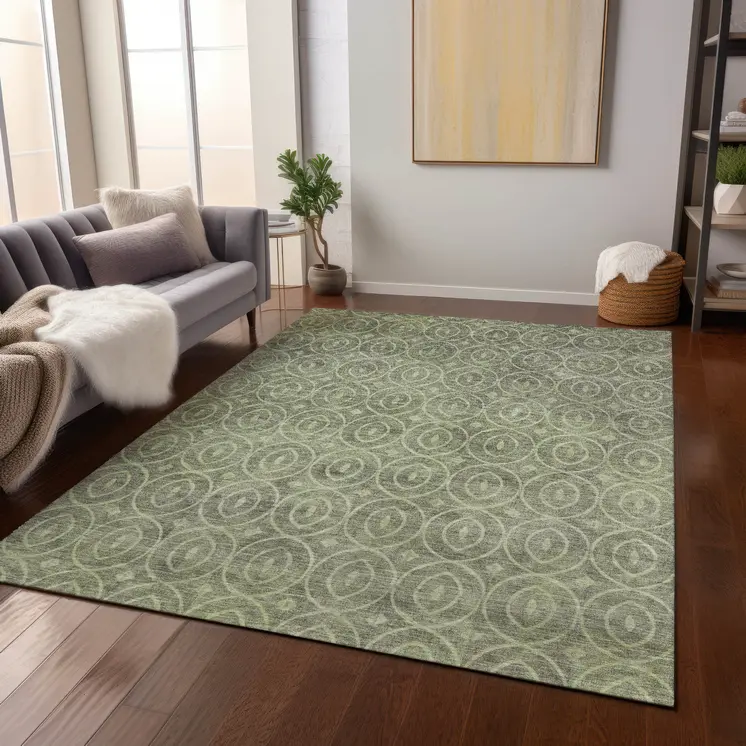 3' X 5' Artichoke Green Geometric Washable Indoor Outdoor Area Rug