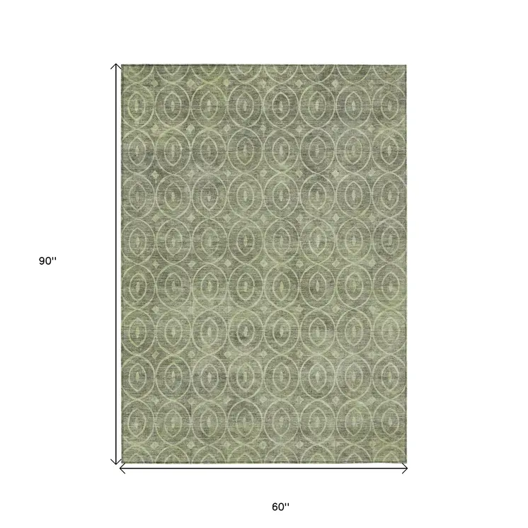 5' X 8' Artichoke Green Geometric Washable Indoor Outdoor Area Rug