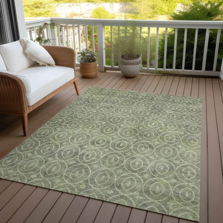 5' X 8' Artichoke Green Geometric Washable Indoor Outdoor Area Rug