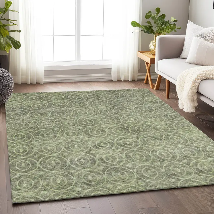 5' X 8' Artichoke Green Geometric Washable Indoor Outdoor Area Rug