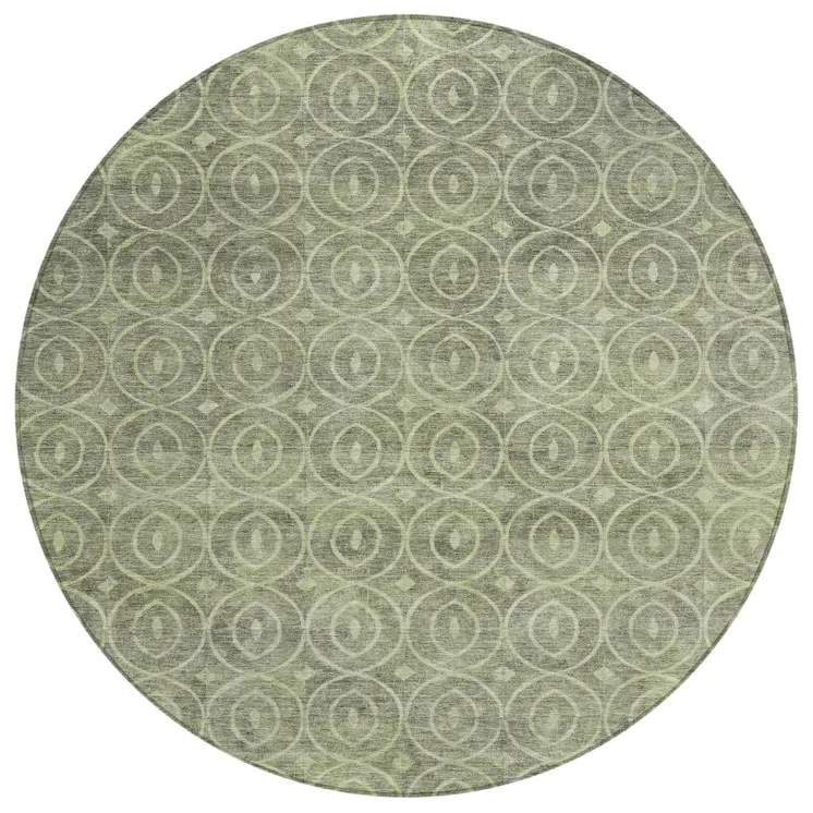 8' Artichoke Green Round Geometric Washable Indoor Outdoor Area Rug