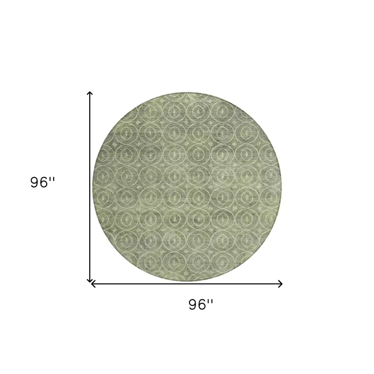 8' Artichoke Green Round Geometric Washable Indoor Outdoor Area Rug