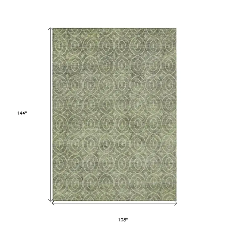 9' X 12' Artichoke Green Geometric Washable Indoor Outdoor Area Rug