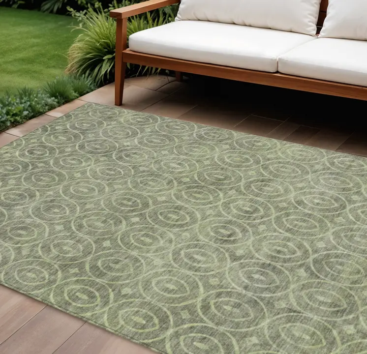 9' X 12' Artichoke Green Geometric Washable Indoor Outdoor Area Rug