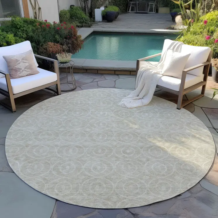 8' Beige Round Geometric Washable Indoor Outdoor Area Rug
