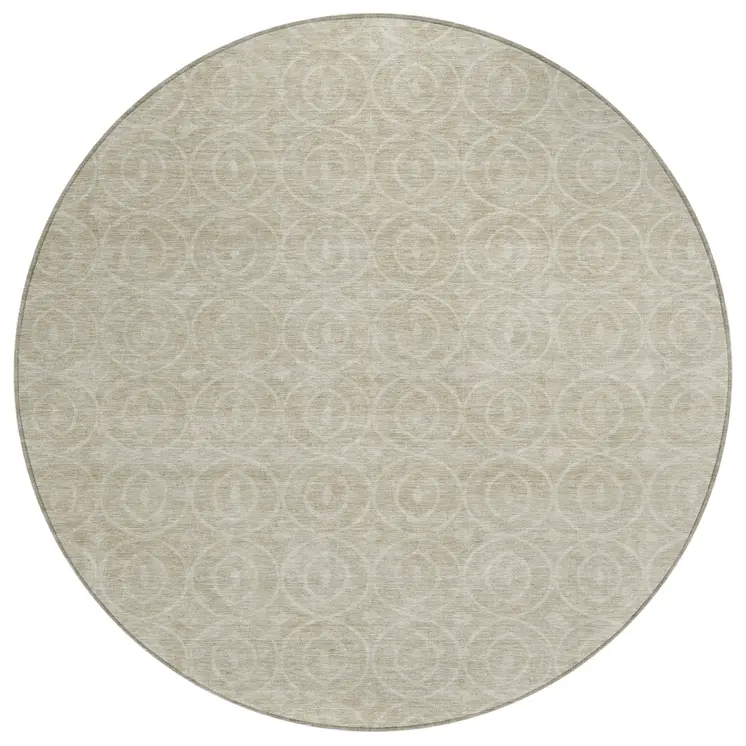 8' Beige Round Geometric Washable Indoor Outdoor Area Rug