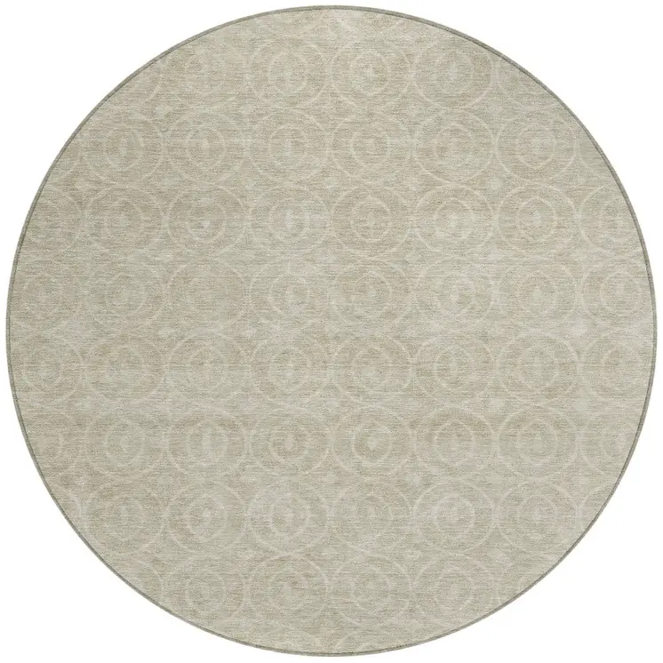 8' Beige Round Geometric Washable Indoor Outdoor Area Rug
