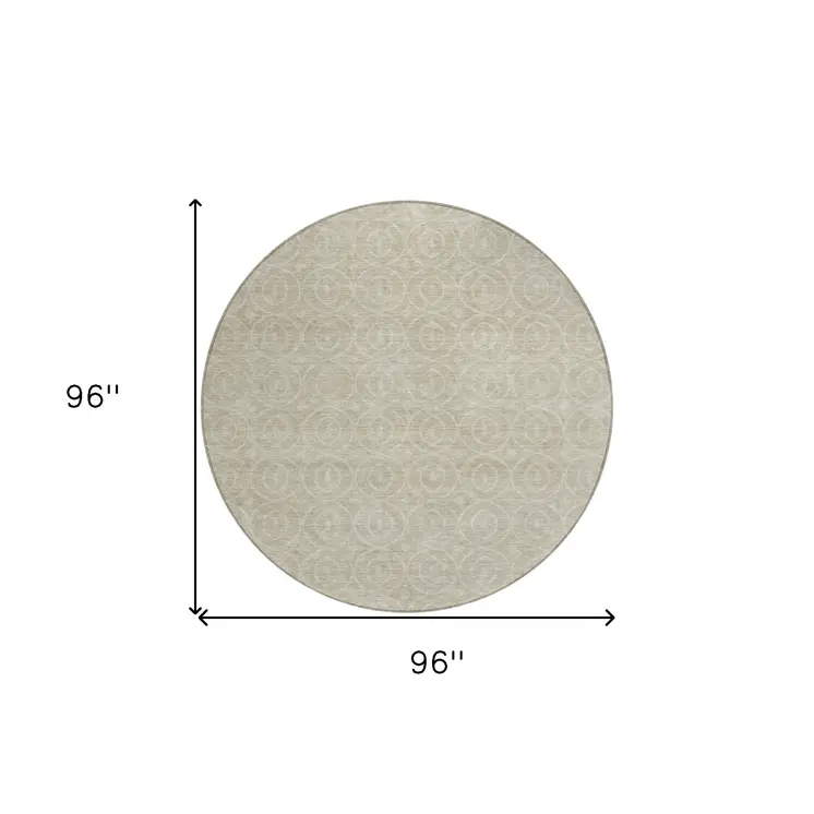 8' Beige Round Geometric Washable Indoor Outdoor Area Rug