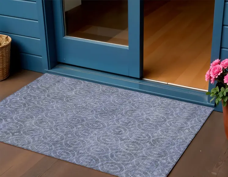 3' X 5' Denim Blue Geometric Washable Indoor Outdoor Area Rug