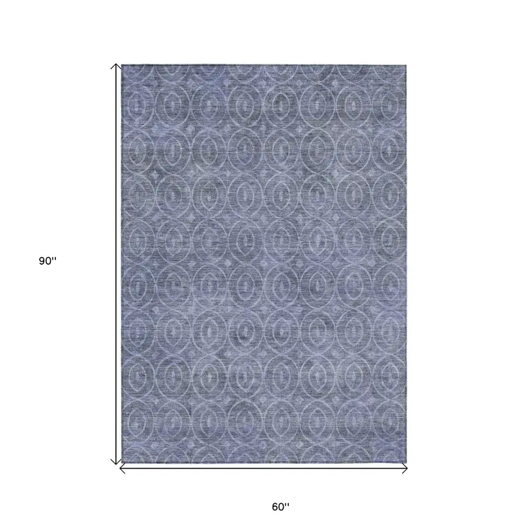 5' X 8' Denim Blue Geometric Washable Indoor Outdoor Area Rug