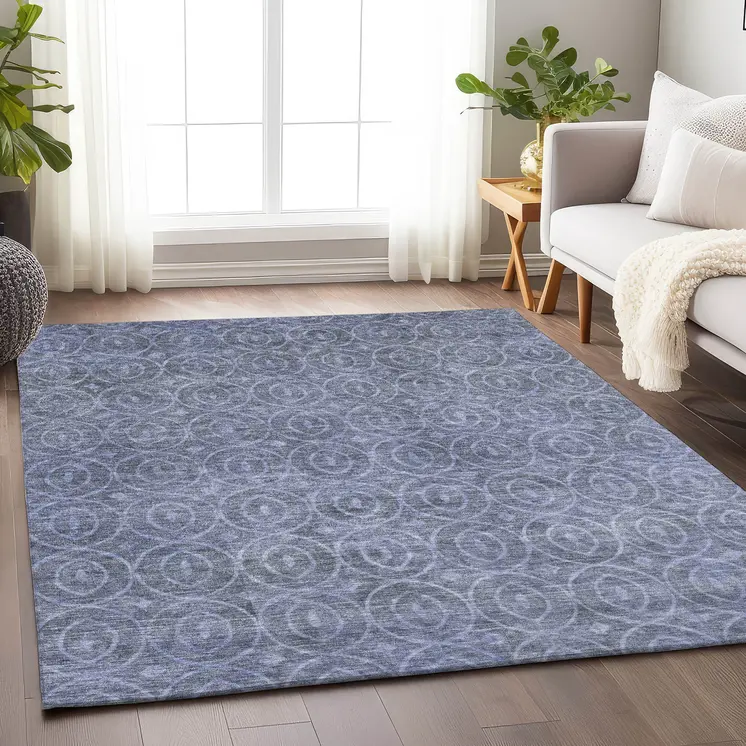 5' X 8' Denim Blue Geometric Washable Indoor Outdoor Area Rug