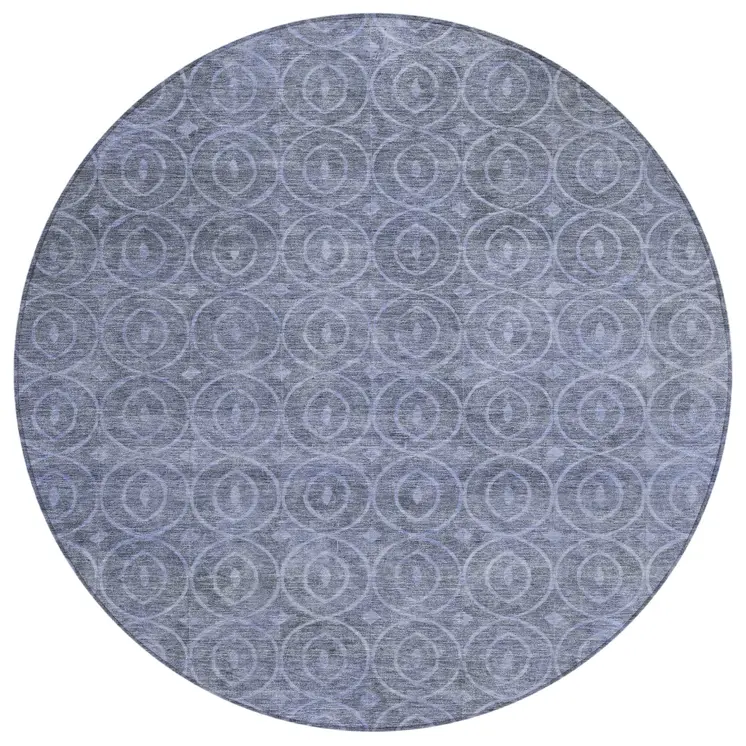8' Denim Blue Round Geometric Washable Indoor Outdoor Area Rug