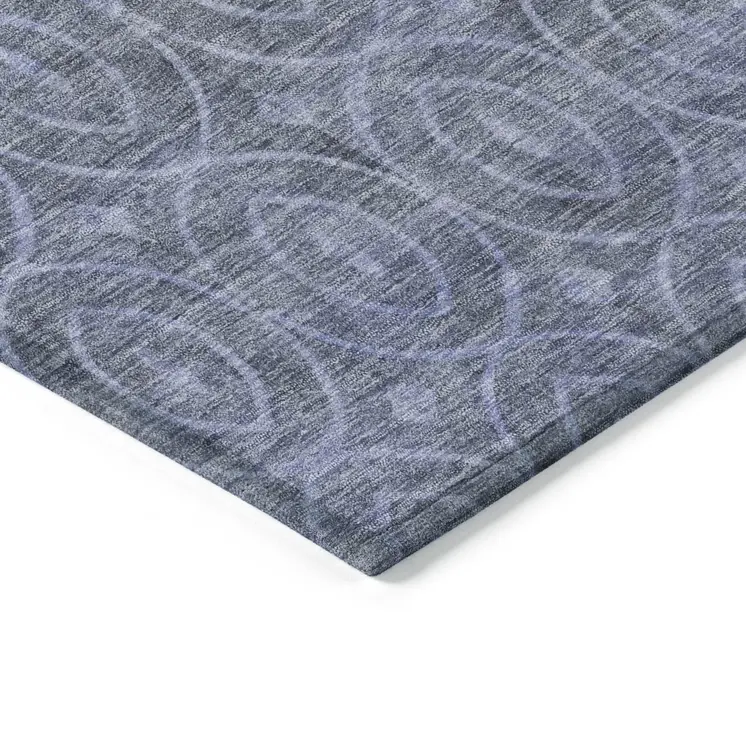 8' Denim Blue Round Geometric Washable Indoor Outdoor Area Rug