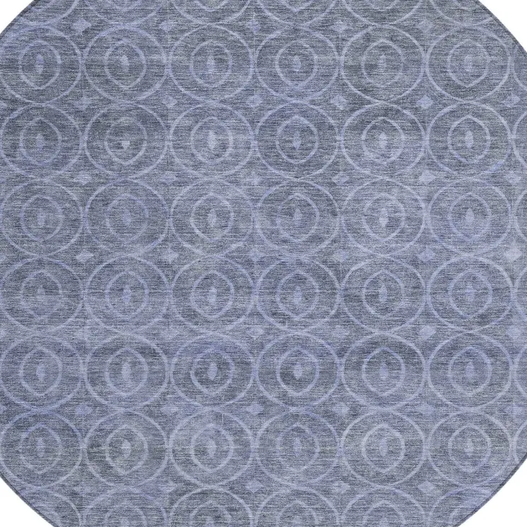 8' Denim Blue Round Geometric Washable Indoor Outdoor Area Rug
