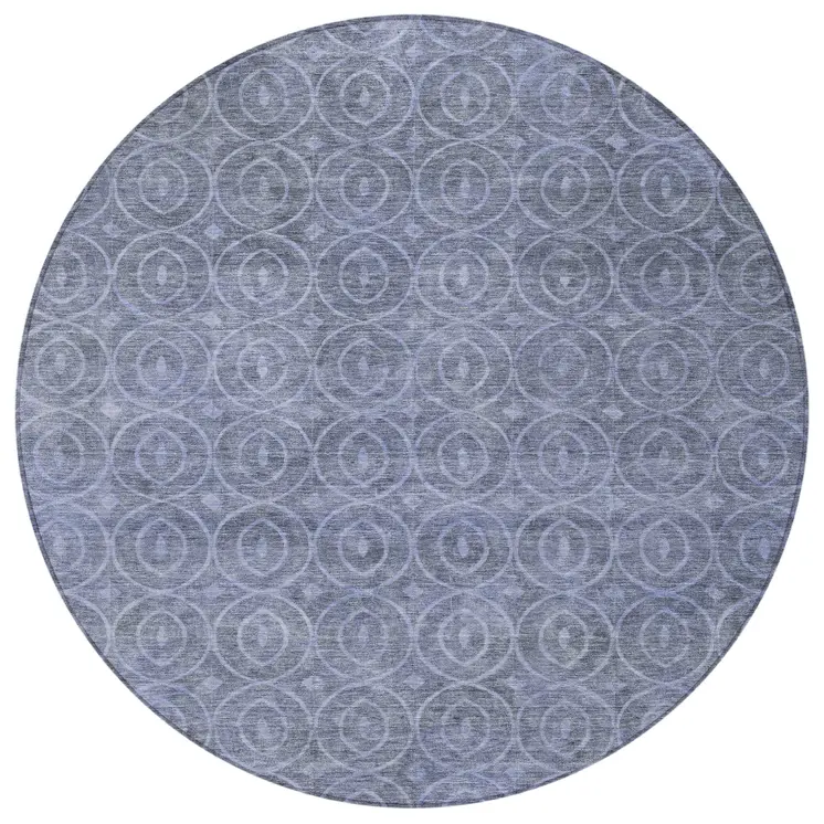8' Denim Blue Round Geometric Washable Indoor Outdoor Area Rug