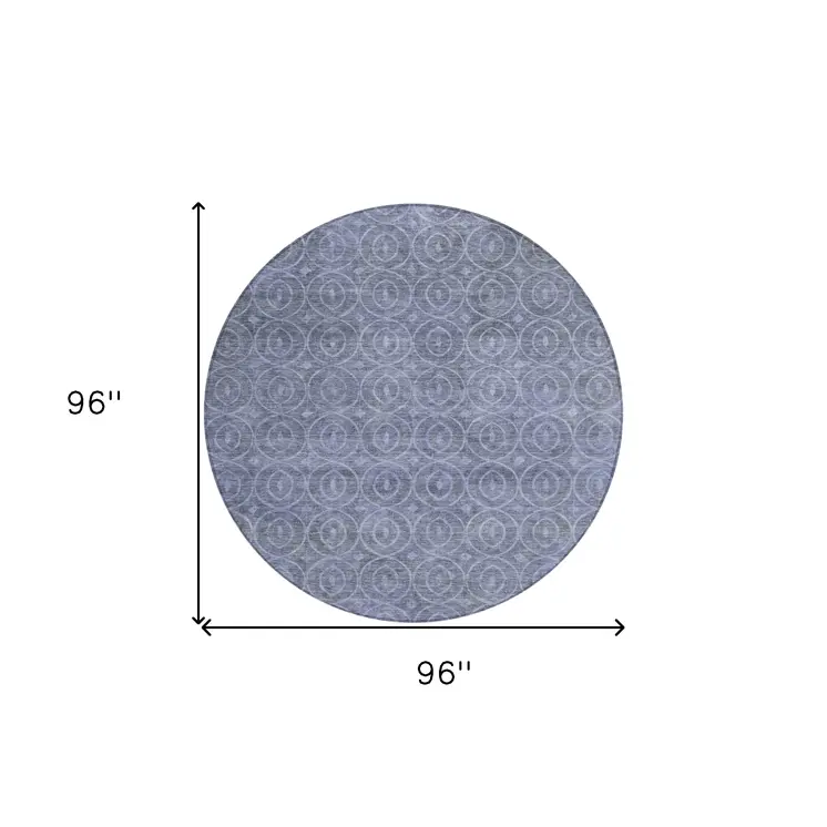 8' Denim Blue Round Geometric Washable Indoor Outdoor Area Rug