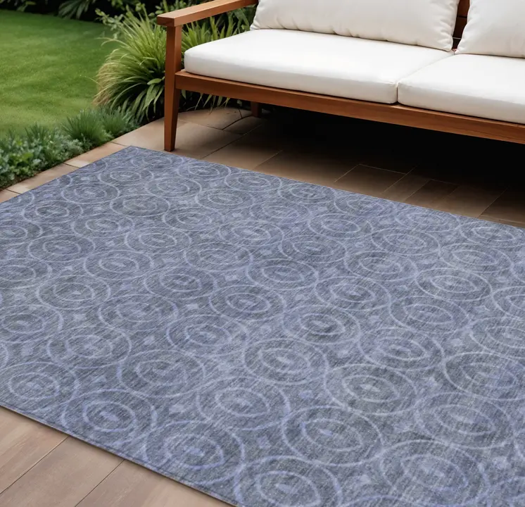 10' X 14' Denim Blue Geometric Washable Indoor Outdoor Area Rug