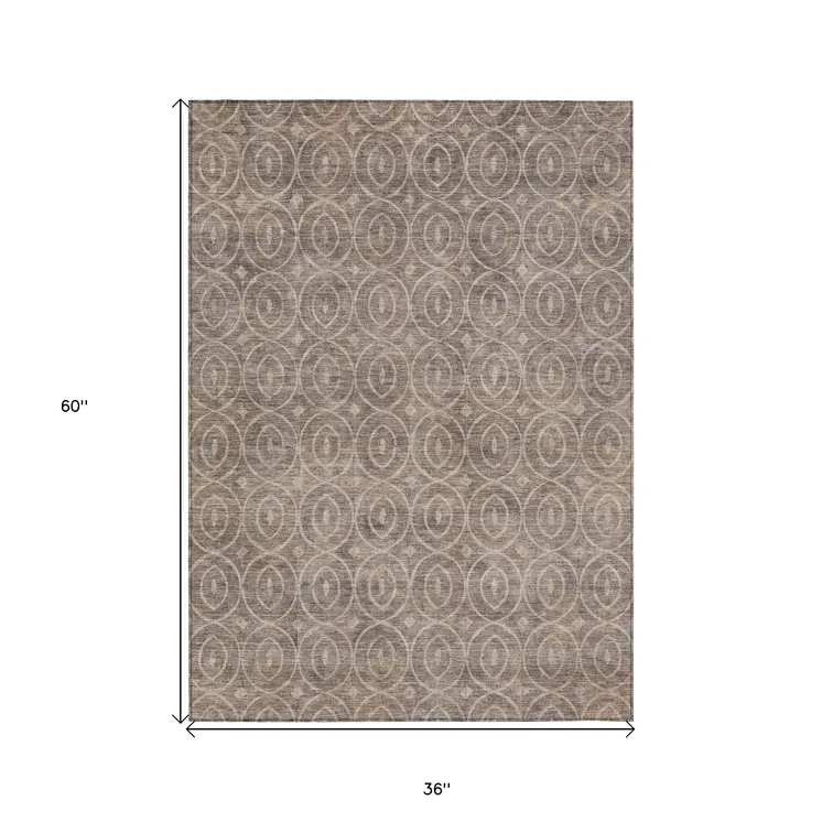 3' X 5' Brown Geometric Washable Indoor Outdoor Area Rug