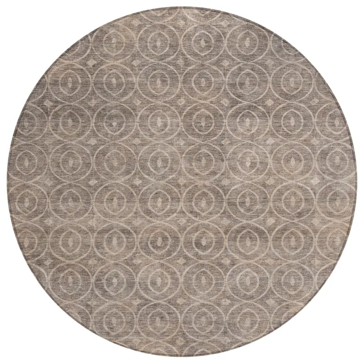 8' Brown Round Geometric Washable Indoor Outdoor Area Rug