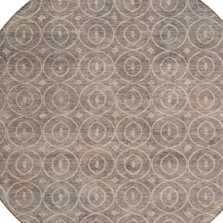 8' Brown Round Geometric Washable Indoor Outdoor Area Rug