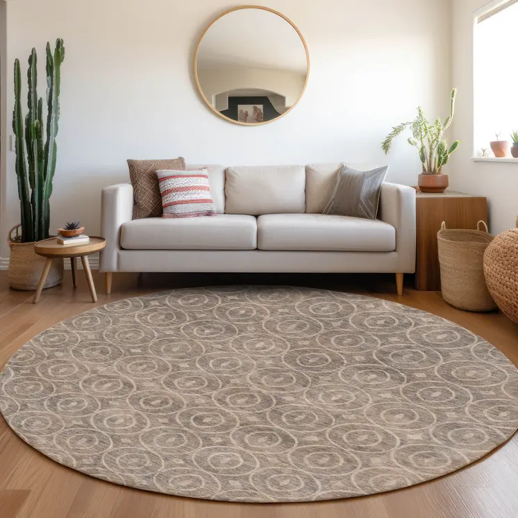 8' Brown Round Geometric Washable Indoor Outdoor Area Rug
