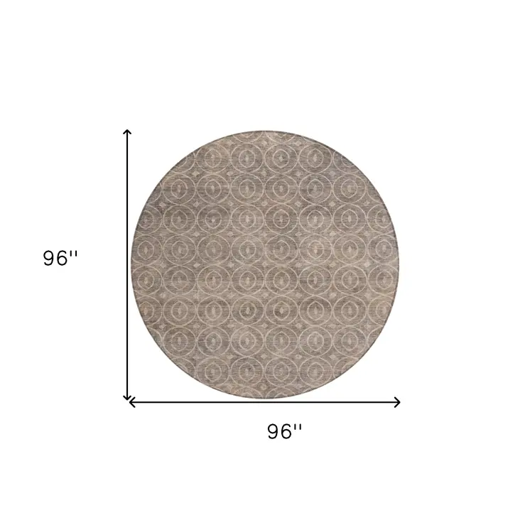8' Brown Round Geometric Washable Indoor Outdoor Area Rug