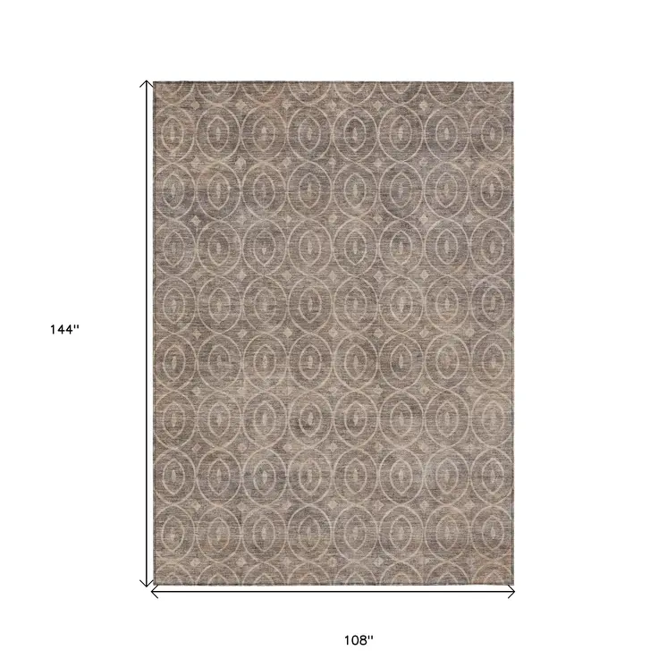 9' X 12' Brown Geometric Washable Indoor Outdoor Area Rug