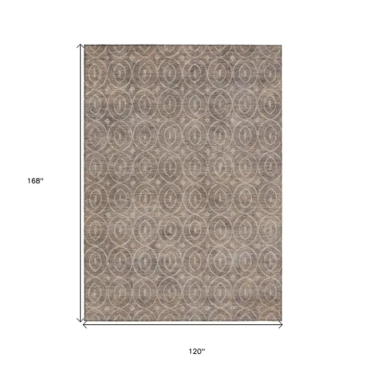10' X 14' Brown Geometric Washable Indoor Outdoor Area Rug
