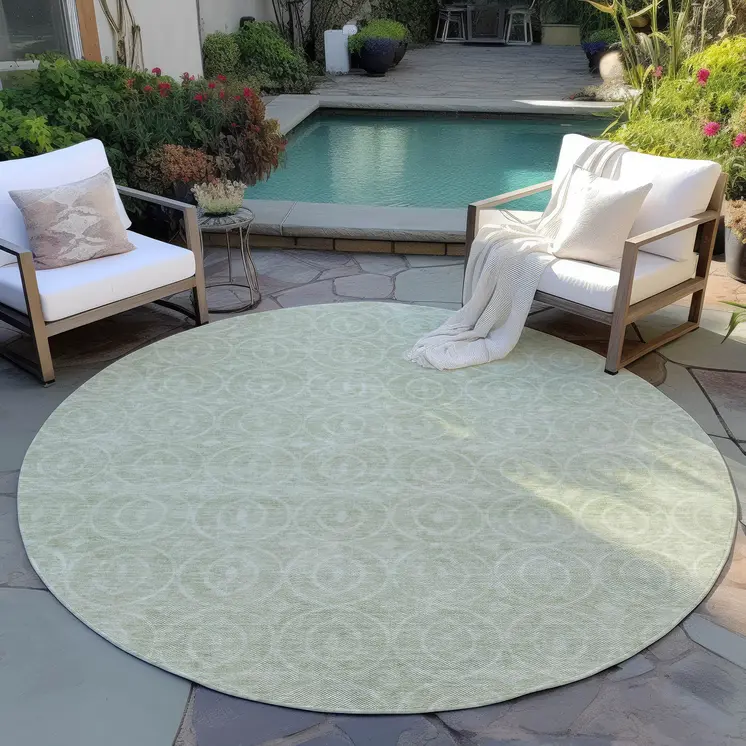 8' Mint Green Round Geometric Washable Indoor Outdoor Area Rug