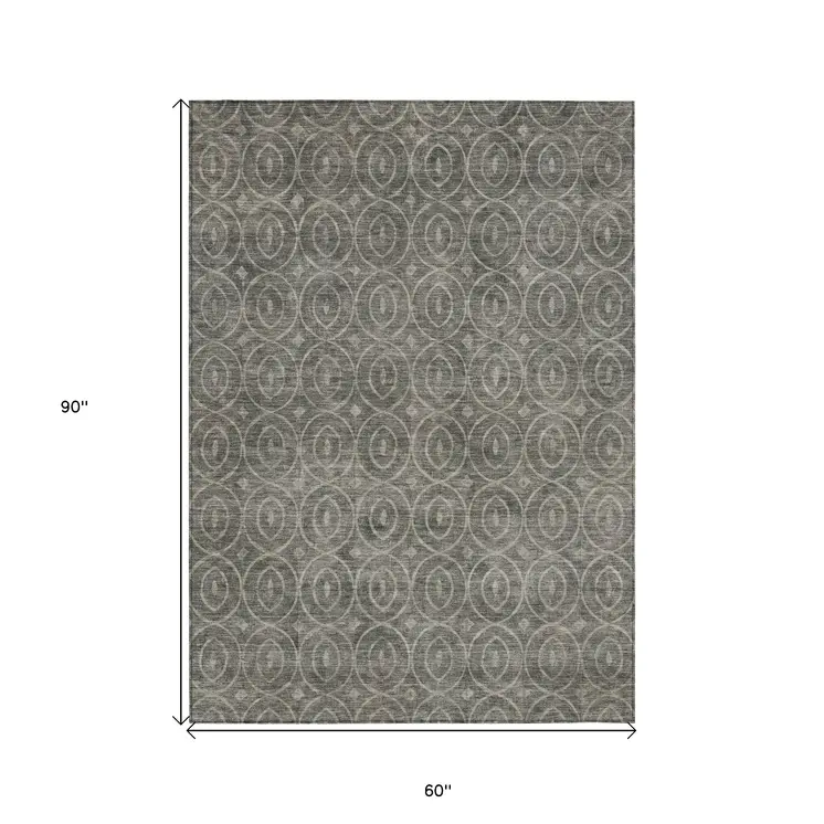 5' X 8' Pewter Geometric Washable Indoor Outdoor Area Rug