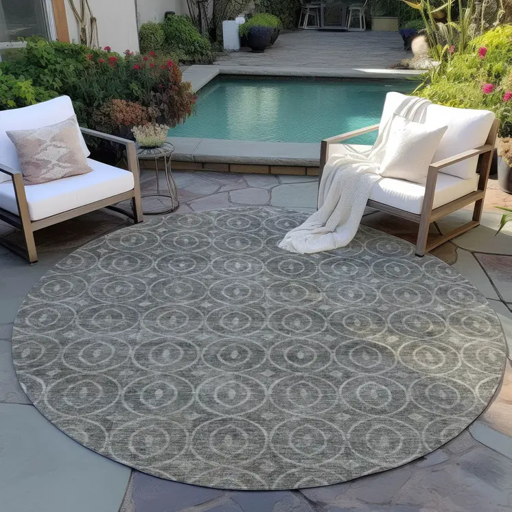 8' Pewter Round Geometric Washable Indoor Outdoor Area Rug
