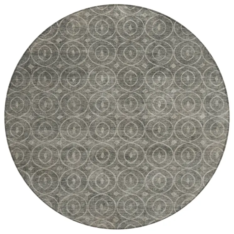 8' Pewter Round Geometric Washable Indoor Outdoor Area Rug