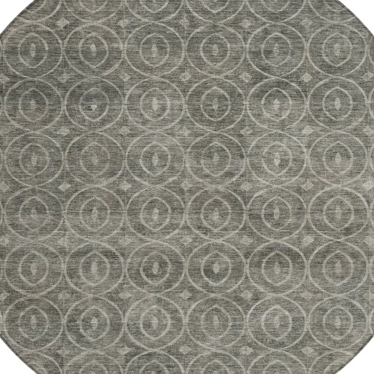8' Pewter Round Geometric Washable Indoor Outdoor Area Rug