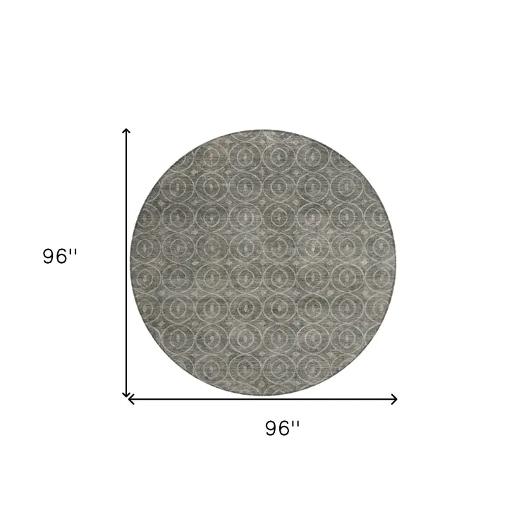 8' Pewter Round Geometric Washable Indoor Outdoor Area Rug