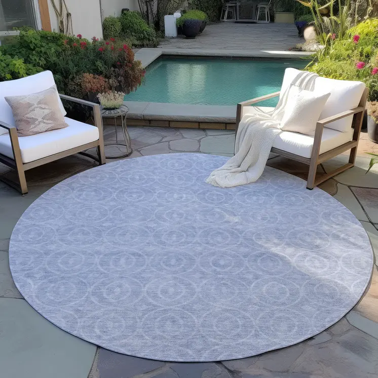8' Sky Blue Round Geometric Washable Indoor Outdoor Area Rug