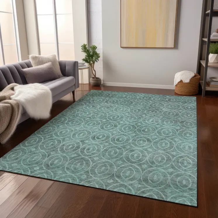 3' X 5' Teal Blue Geometric Washable Indoor Outdoor Area Rug